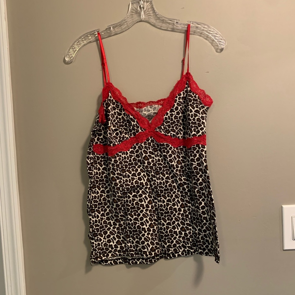 PJ Salvage Leopard Print Tank Top with Red Lace Trim